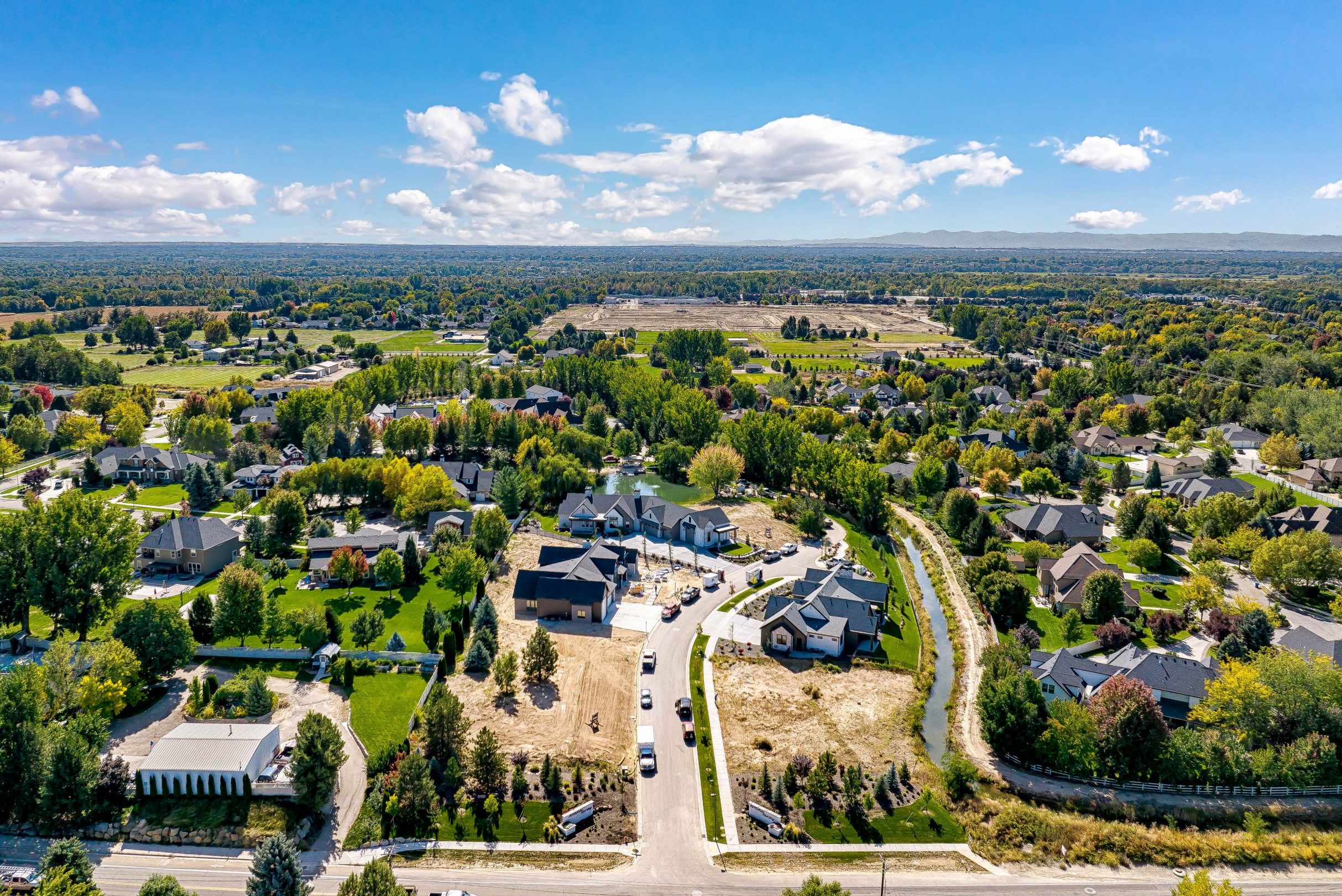 Aerial view from straight on over Arrano Farms boutique community in Eagle, Idaho